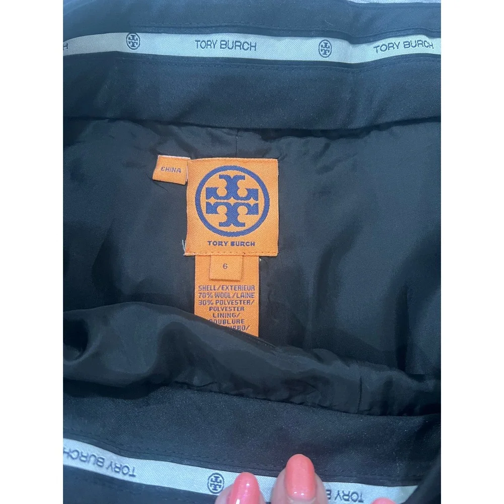Tory Burch Black Wool Blend Cuffed Trousers Silver Logo Ring Detail Size 6